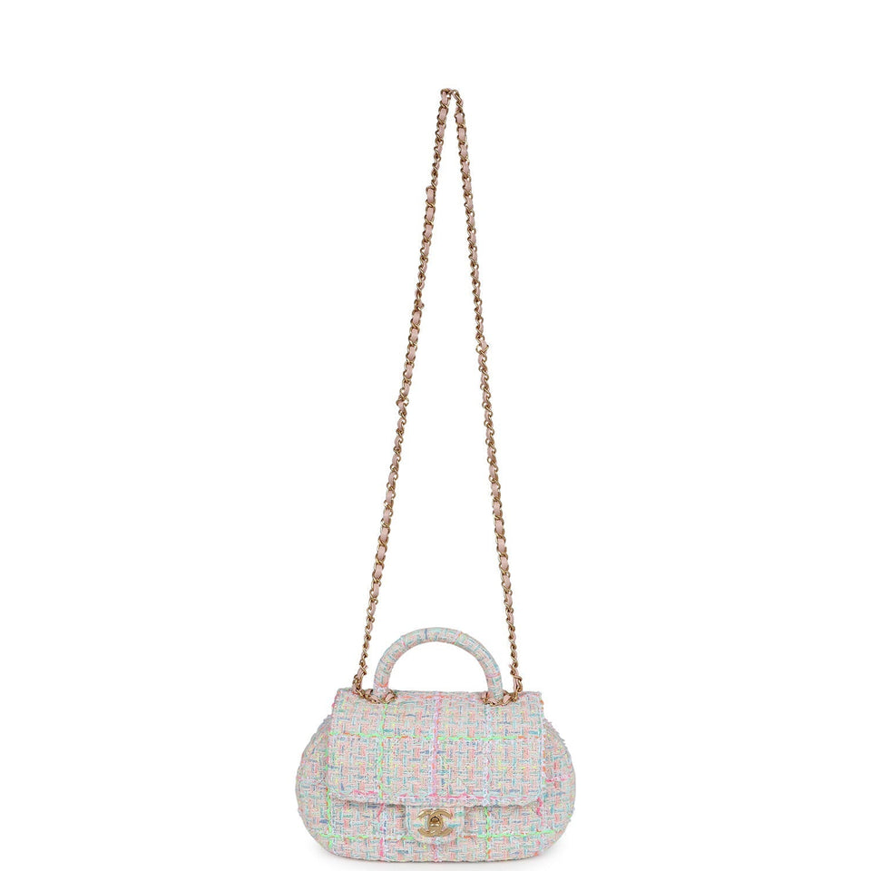 Chanel Mini Flap Bag with Top Handle Pink Tweed Antique Gold Hardware