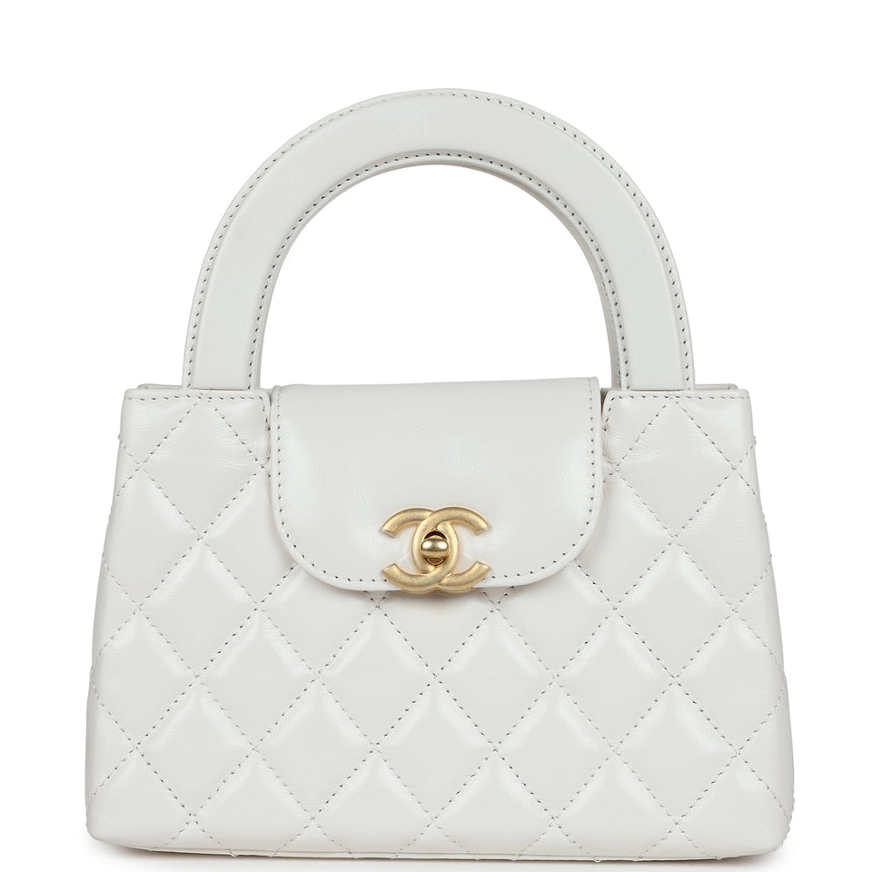 Chanel Small Kelly Shopper White Shiny Aged Calfskin Brushed Gold Hardware
