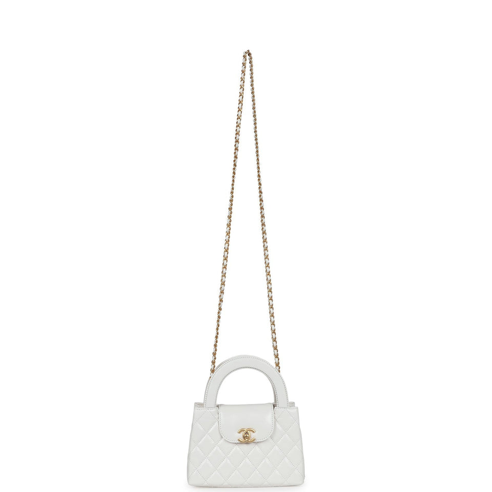 Chanel Small Kelly Shopper White Shiny Aged Calfskin Brushed Gold Hardware