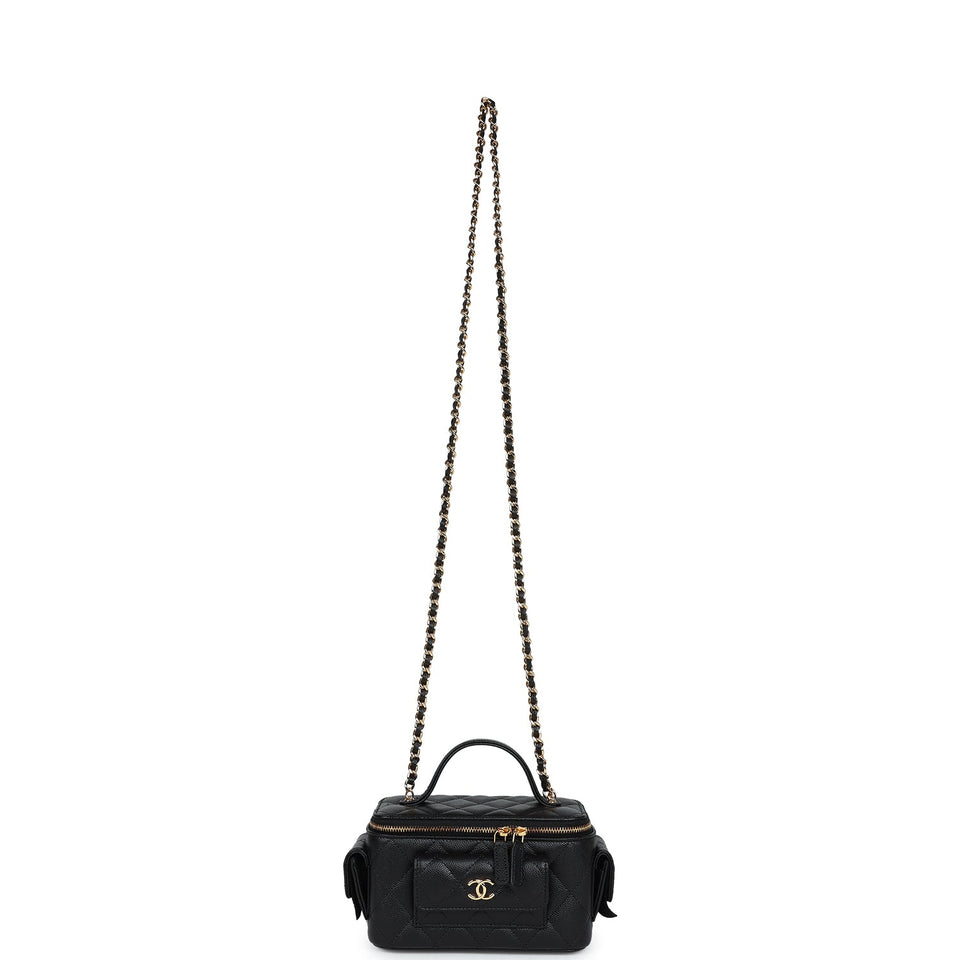 Chanel Mini Pocket Vanity Top Handle Case Black Caviar Gold Hardware