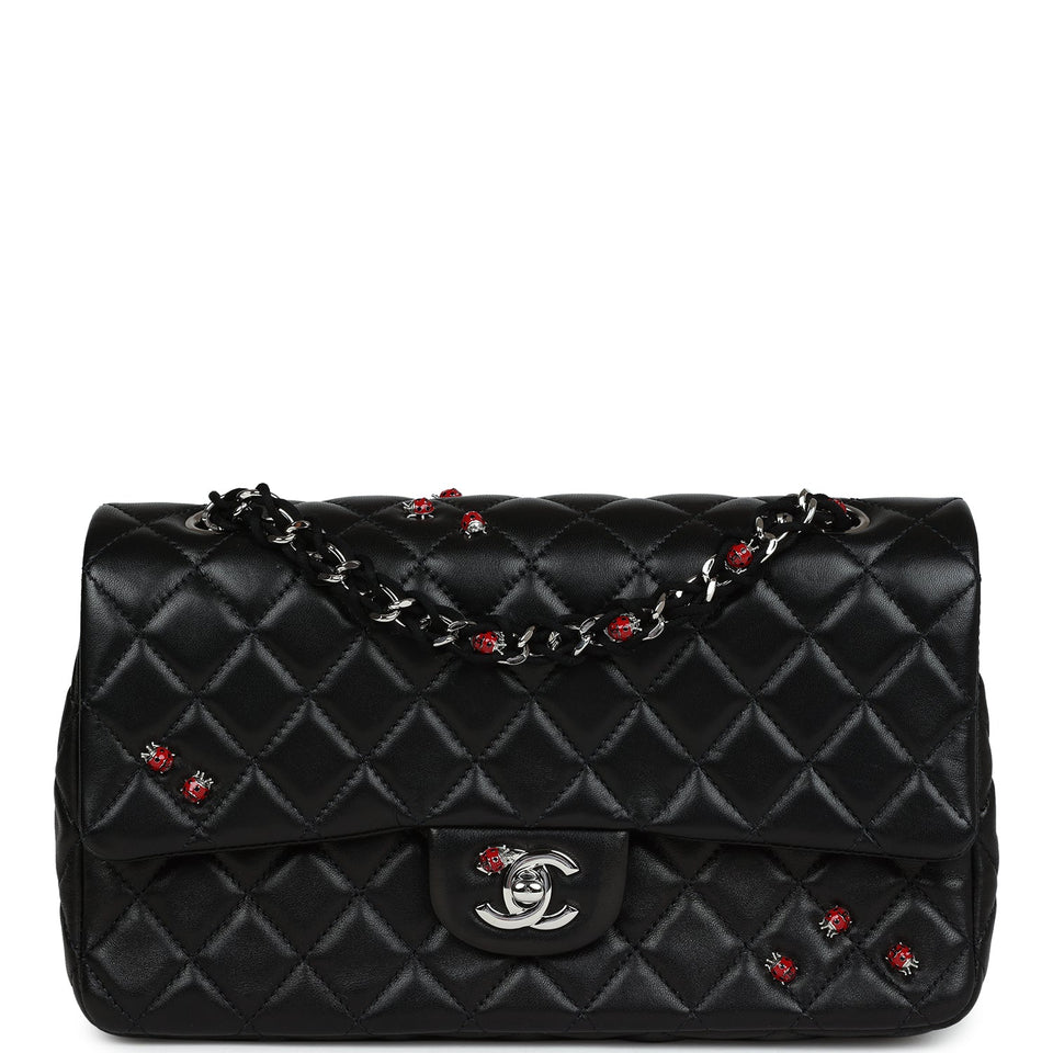 Chanel Medium Lady Bug Single Flap Bag Black Lambskin Silver Hardware