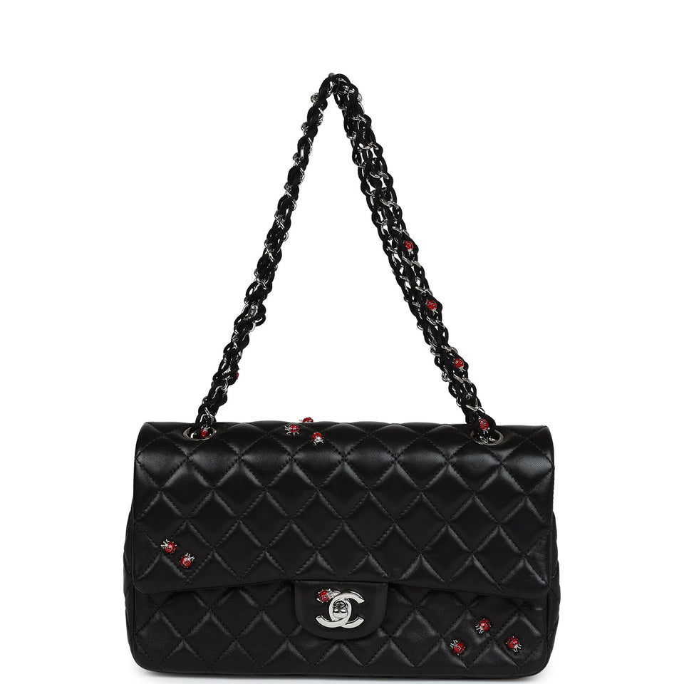Chanel Medium Lady Bug Single Flap Bag Black Lambskin Silver Hardware