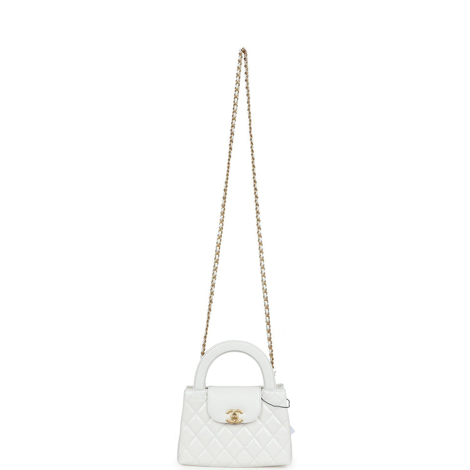 Chanel Small Kelly Shopper White Shiny Aged Calfskin Brushed Gold Hardware