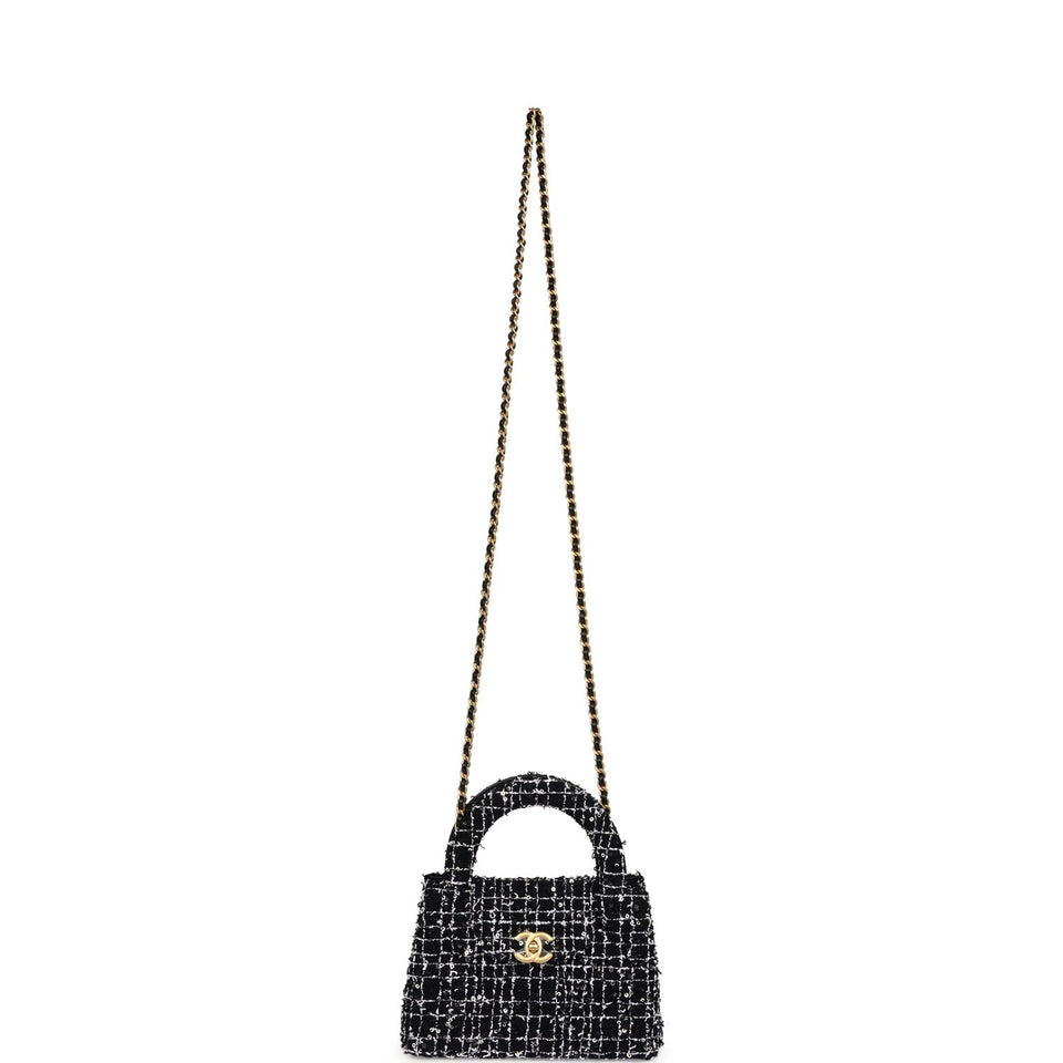 Chanel Small Kelly Shopper Black, White & Silver Sequin Tweed Brushed Gold Hardware