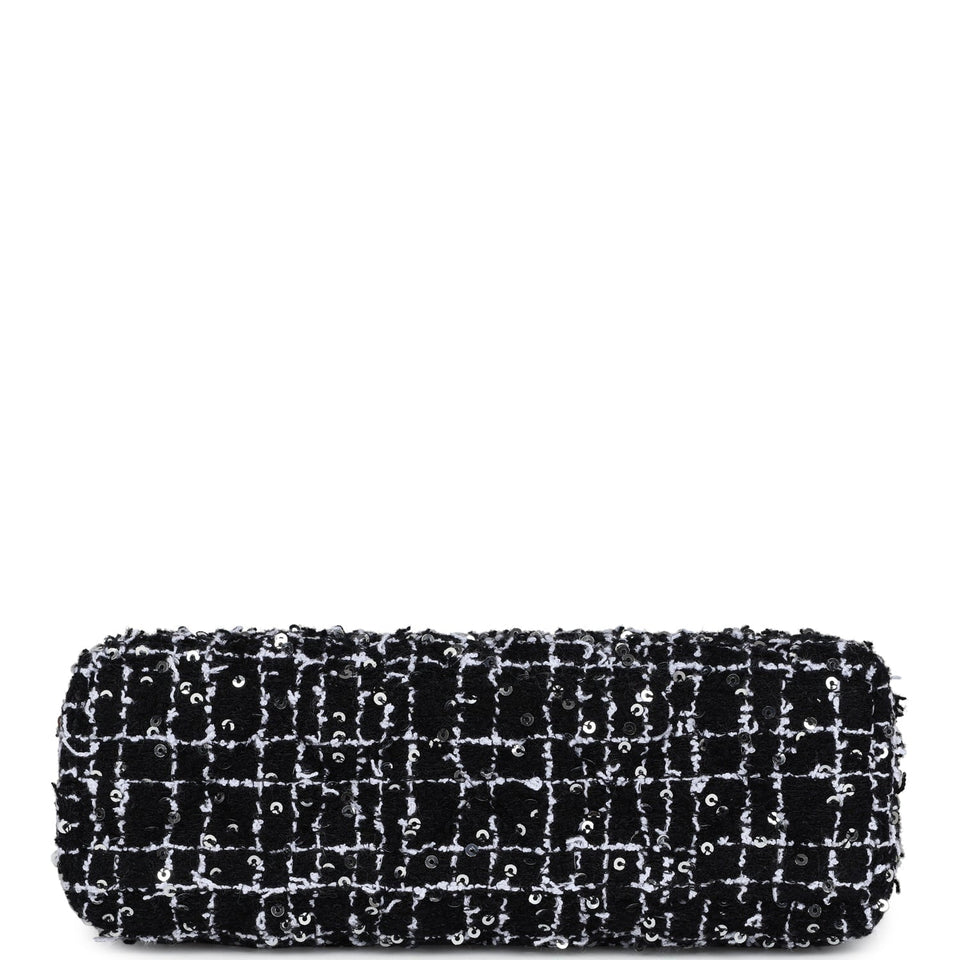 Chanel Small Kelly Shopper Black, White & Silver Sequin Tweed Brushed Gold Hardware