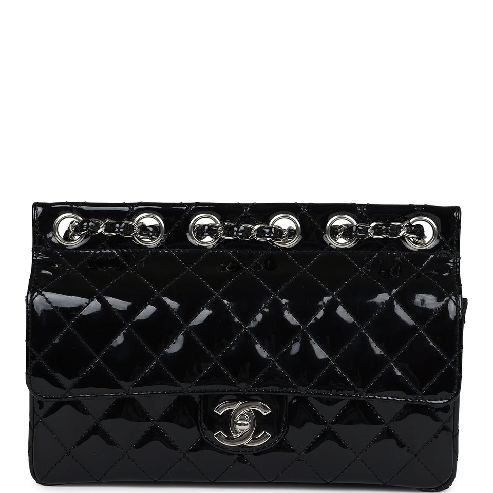 Chanel Vintage Chain Through Flap Bag Black Patent Silver Hardware