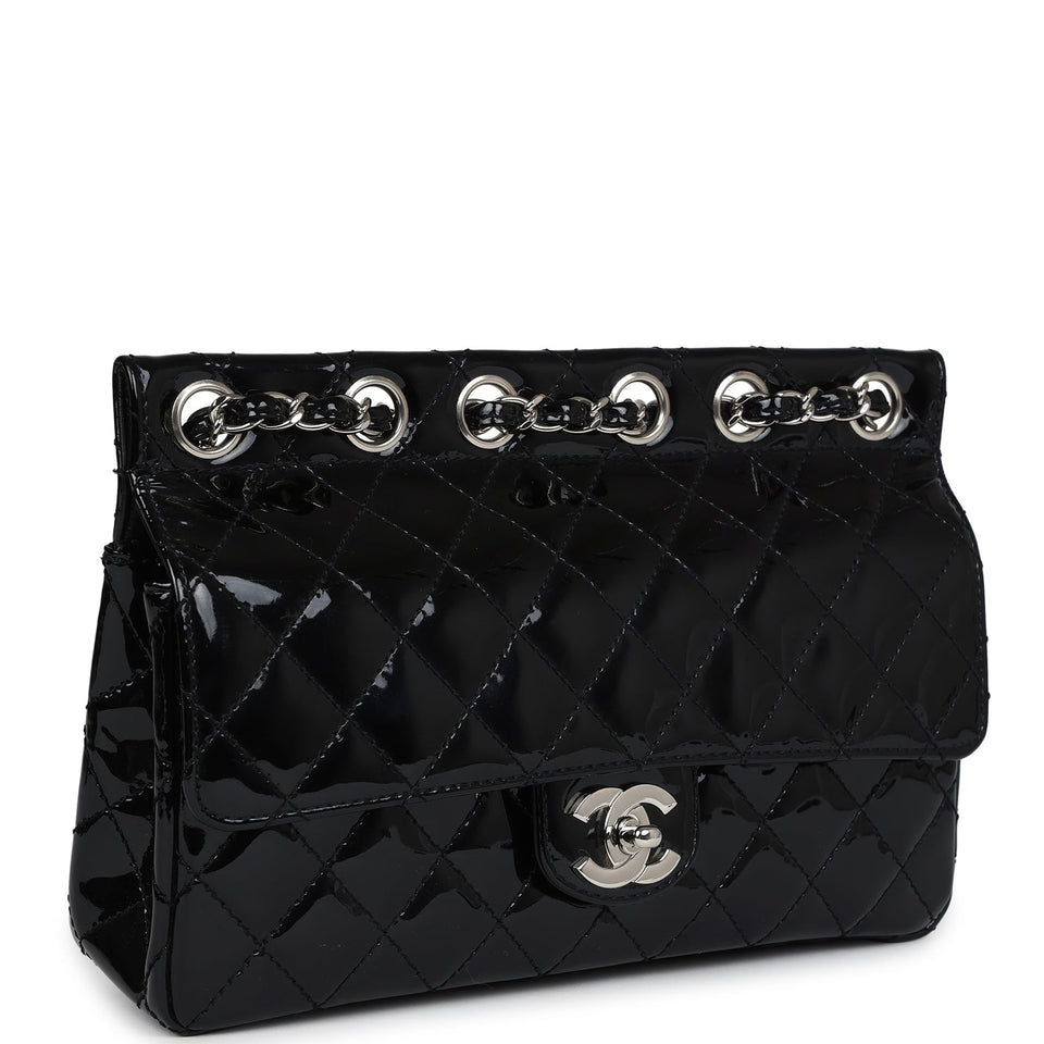 Chanel Vintage Chain Through Flap Bag Black Patent Silver Hardware