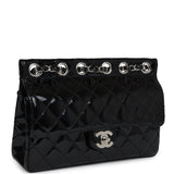 Chanel Vintage Chain Through Flap Bag Black Patent Silver Hardware