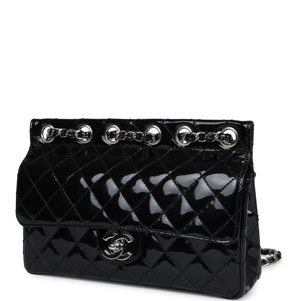 Chanel Vintage Chain Through Flap Bag Black Patent Silver Hardware