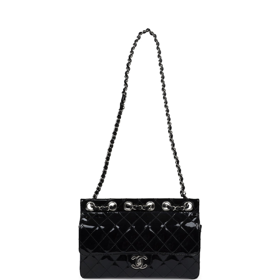 Chanel Vintage Chain Through Flap Bag Black Patent Silver Hardware
