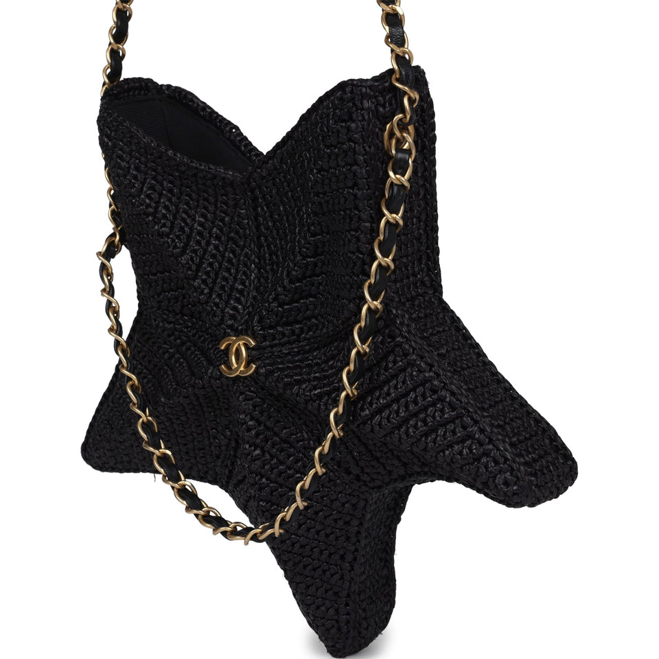 Chanel Star Coco Beach Bag Black Raffia Aged Gold Hardware