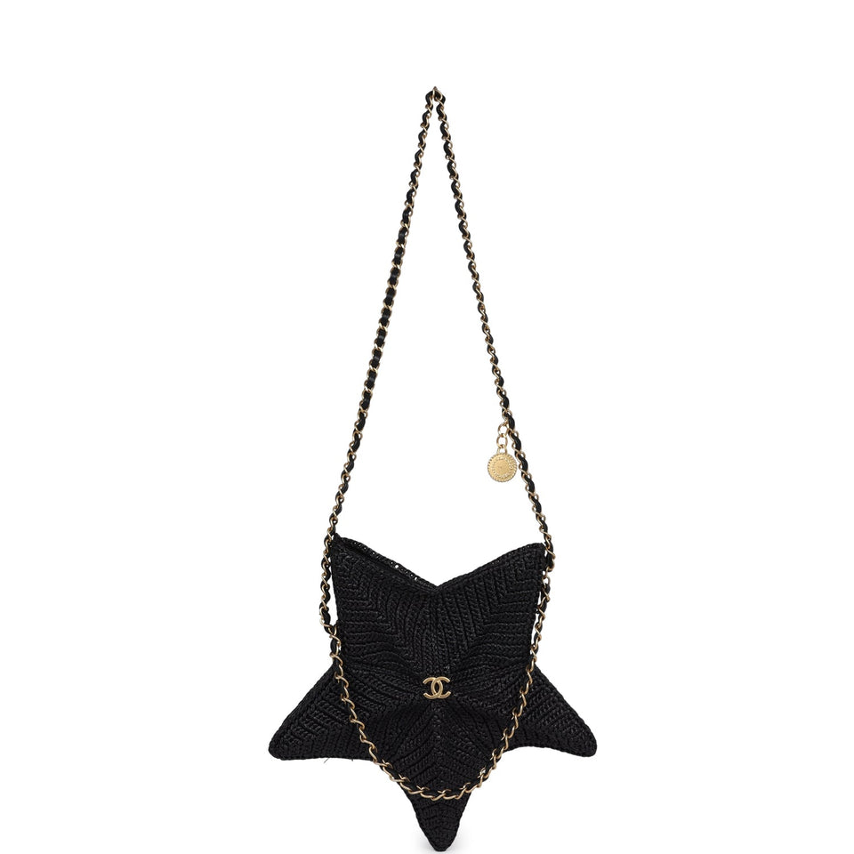 Chanel Star Coco Beach Bag Black Raffia Aged Gold Hardware