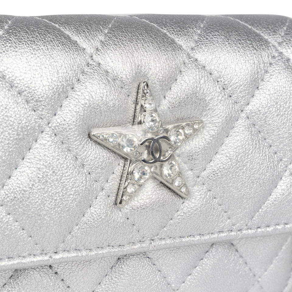 Chanel Crystal CC Walk Of Fame Clutch Wallet Silver Metallic Goatskin Silver Hardware