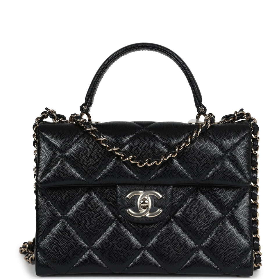 Chanel Small Square Top Handle Flap Bag Black Caviar Light Gold Hardware