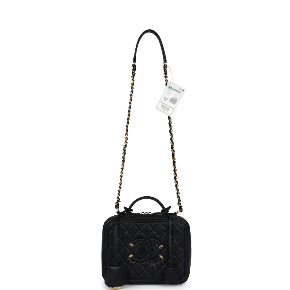 Chanel Medium CC Filigree Vanity Case Black Caviar Antique Gold Hardware