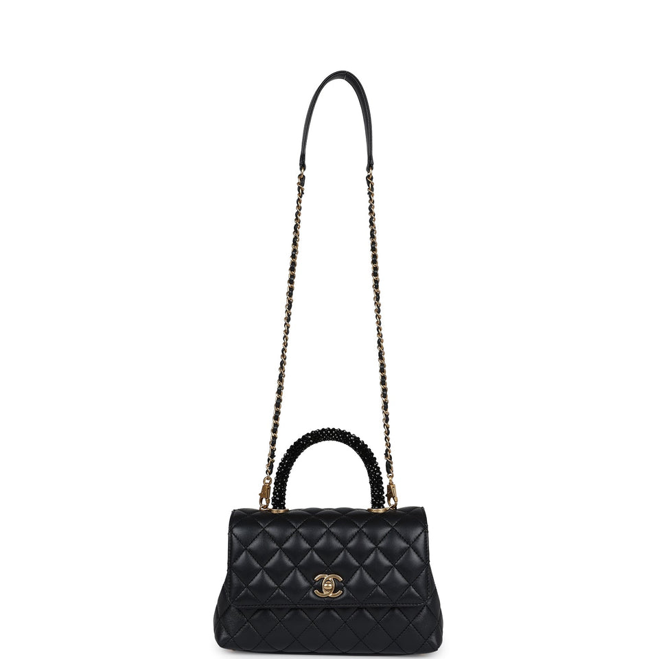 Chanel Small Coco Crystal Top Handle Flap Bag Black Lambskin Brushed Gold Hardware