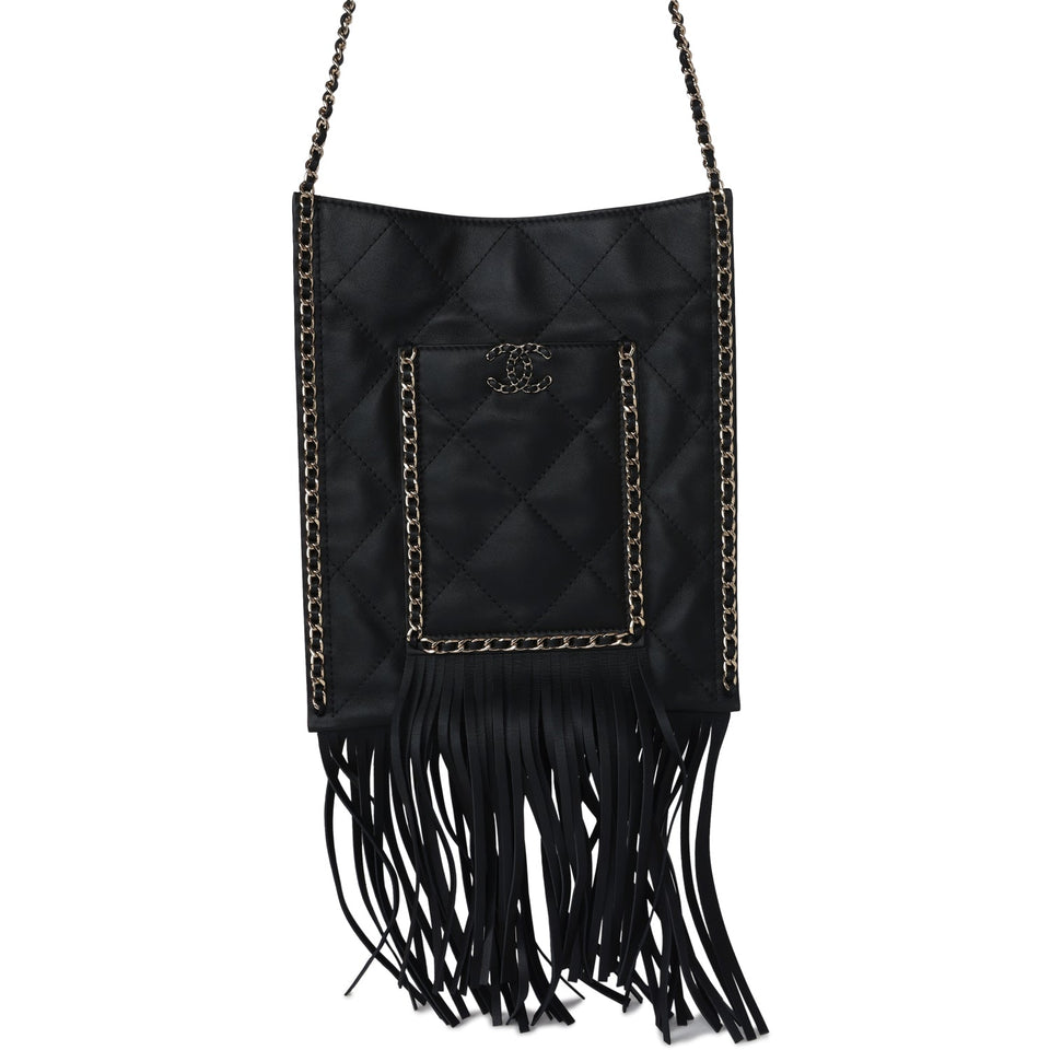 Chanel Small CC Fringe Shopping Bag Black Calfskin Light Gold Hardware