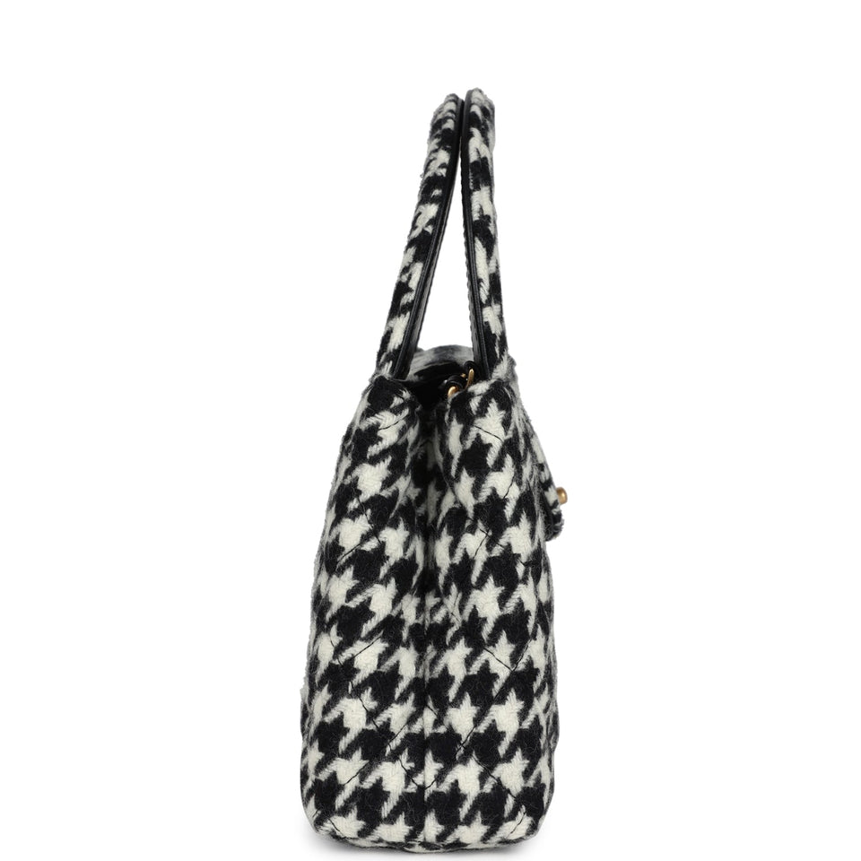 Chanel Small Kelly Shopper Black and White Houndstooth Tweed Brushed Gold Hardware