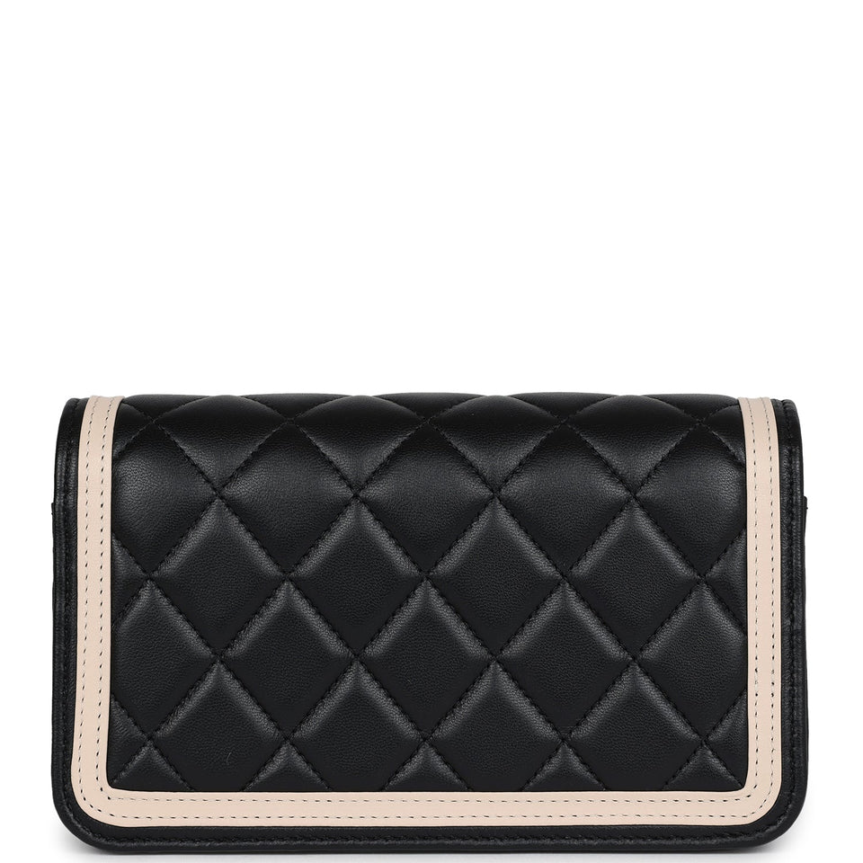 Chanel Flap Phone Holder with Chain Black and Light Beige Lambskin Light Gold Hardware