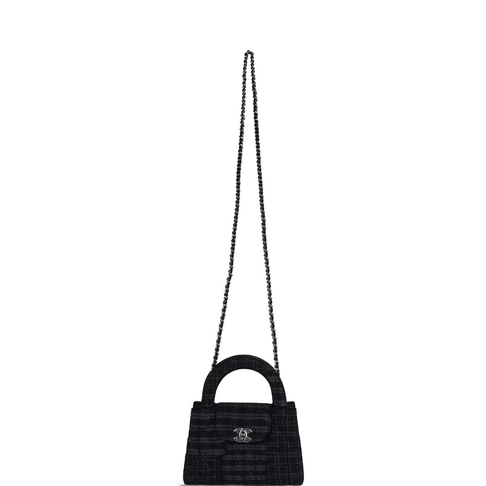 Chanel Small Kelly Shopper Dark Grey and Black Plaid Canvas Ruthenium Hardware