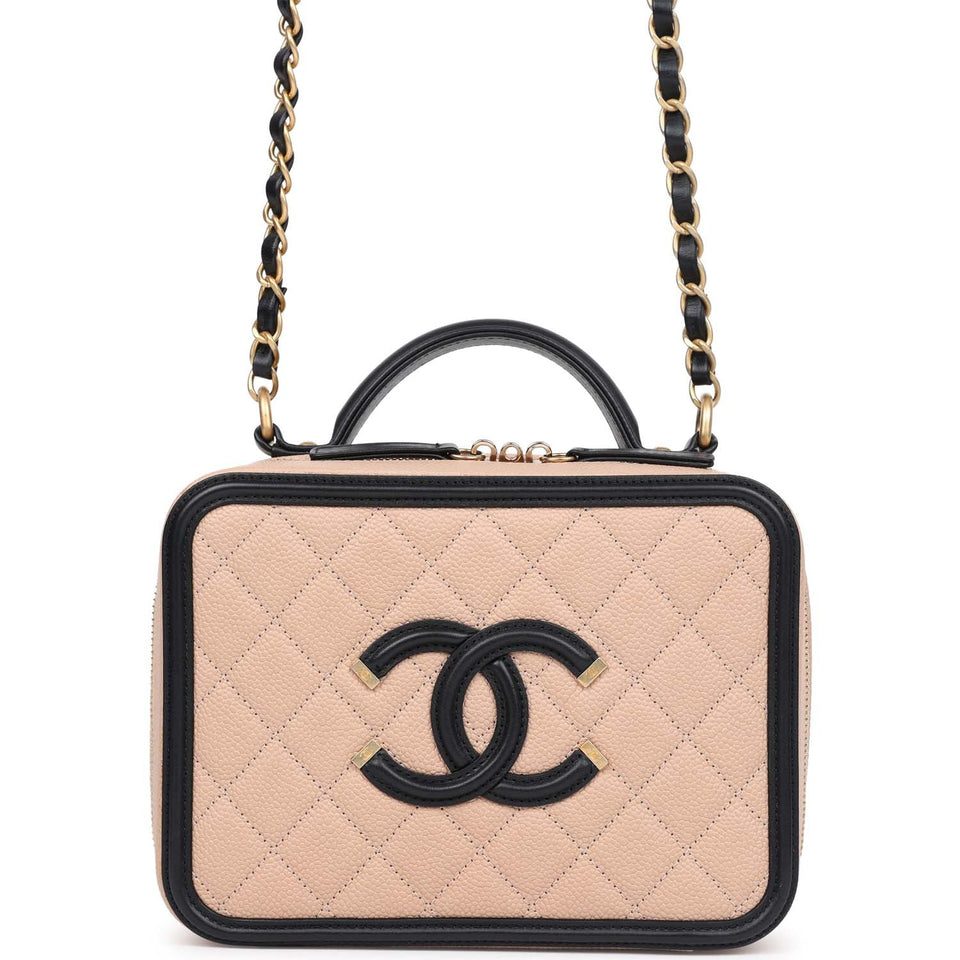 Chanel Medium CC Filigree Vanity Case Black and Beige Caviar Antique Gold Hardware