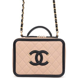 Chanel Medium CC Filigree Vanity Case Black and Beige Caviar Antique Gold Hardware