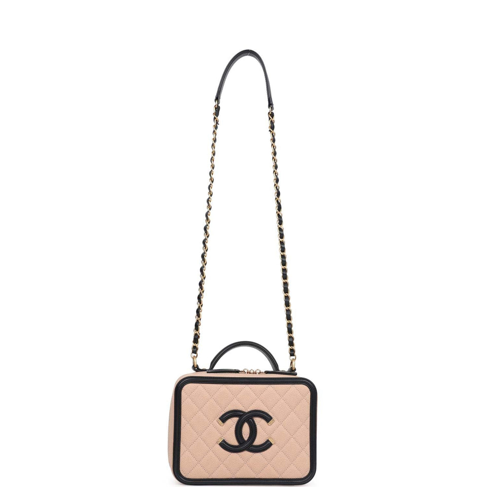 Chanel Medium CC Filigree Vanity Case Black and Beige Caviar Antique Gold Hardware