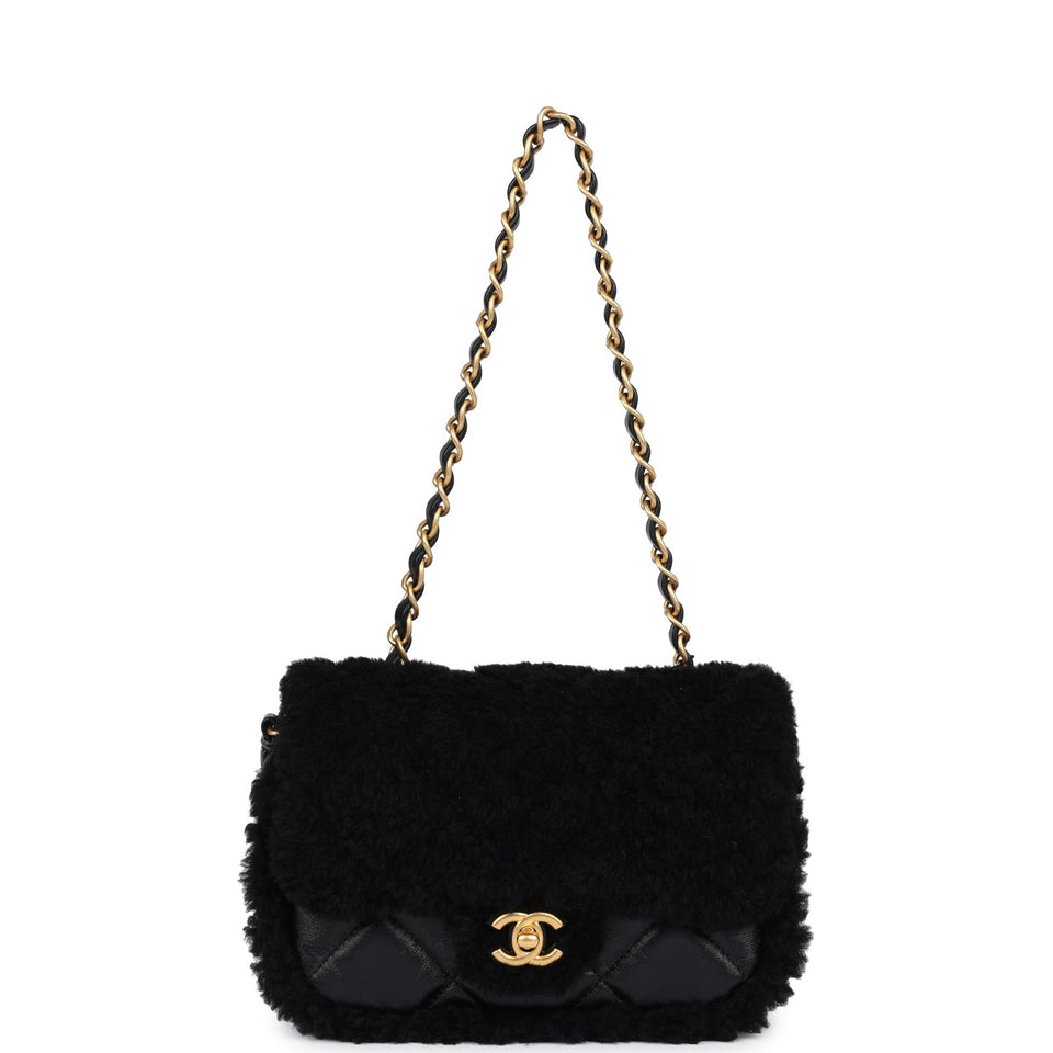 Chanel Mini Shearling Flap Bag Black Lambskin Brushed Gold Hardware