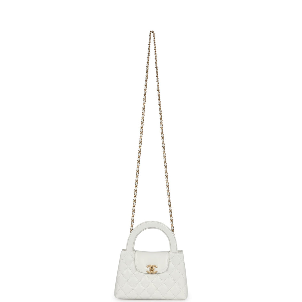 Chanel Small Kelly Shopper White Shiny Aged Calfskin Brushed Gold Hardware