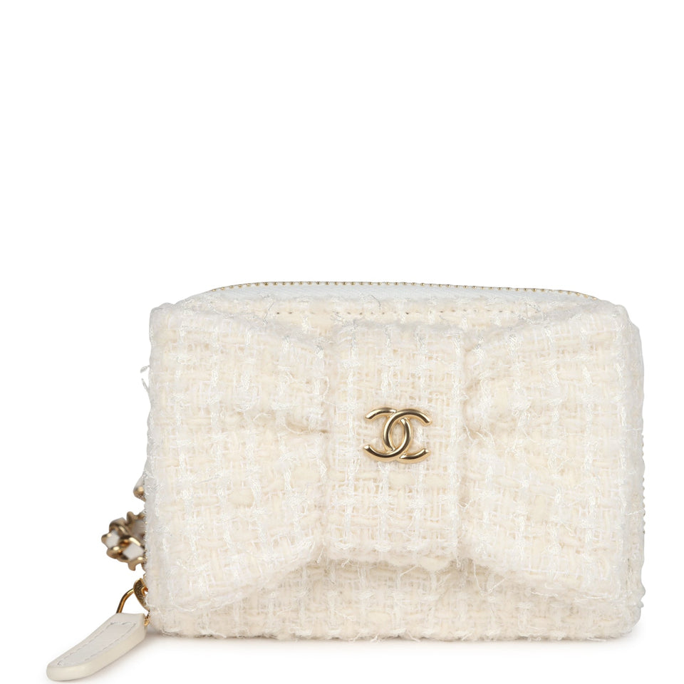 Chanel Bow Wallet  Holder on Chain White/Beige Tweed/Calfskin Gold Hardware