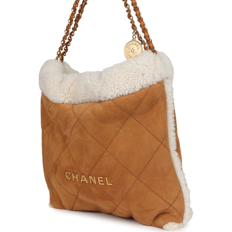 Chanel Small 22 Bag Tan Suede and White Shearling Gold Hardware