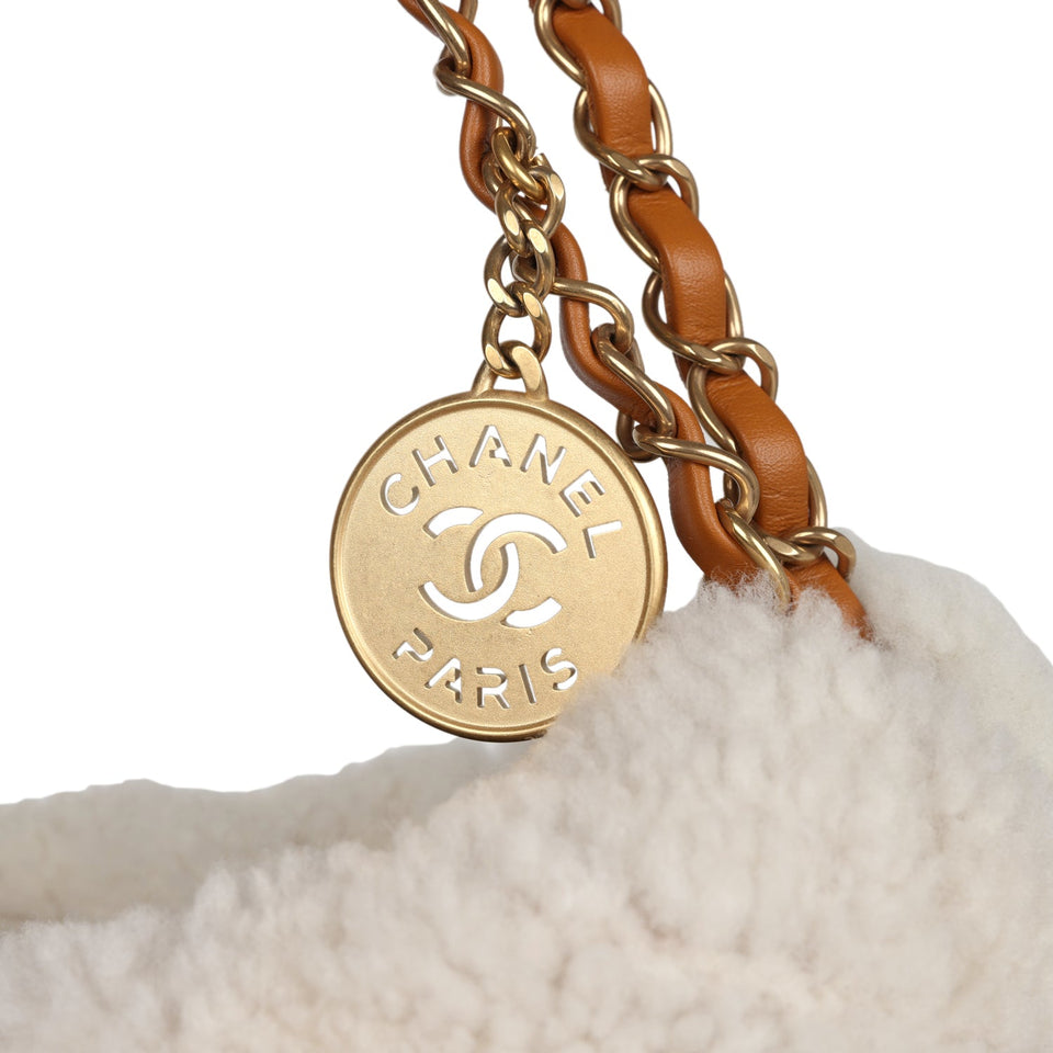 Chanel Small 22 Bag Tan Suede and White Shearling Gold Hardware