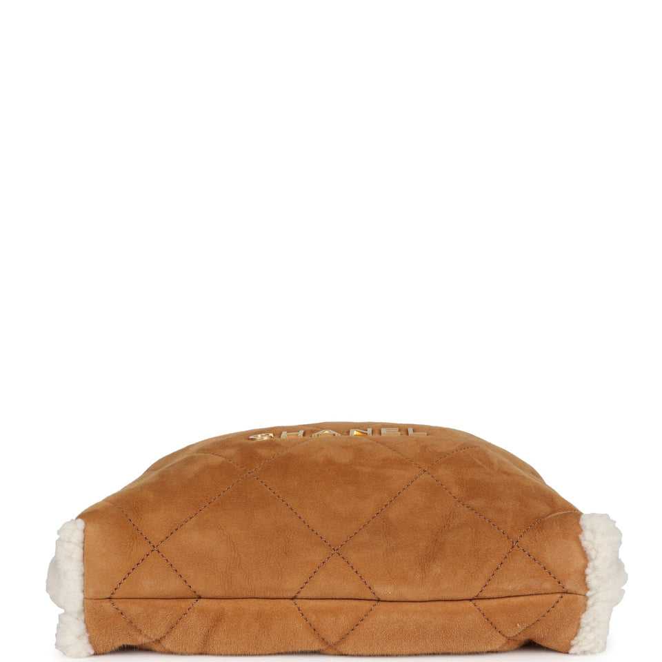 Chanel Small 22 Bag Tan Suede and White Shearling Gold Hardware