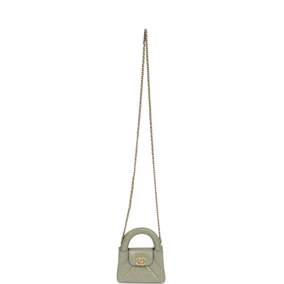 Chanel Nano Kelly Shopper Khaki Shiny Aged Calfskin Brushed Gold Hardware