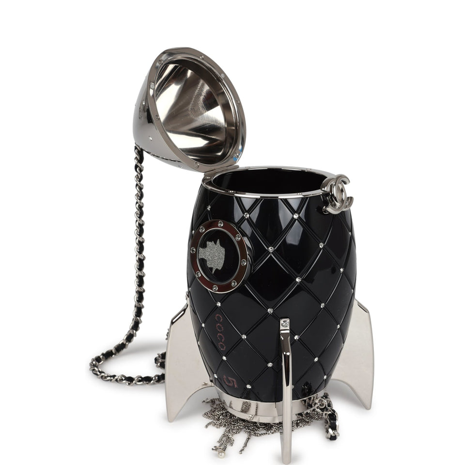 Chanel Limited Edition Rocket Ship Minaudière Bag Black Lucite and Crystals Silver Hardware