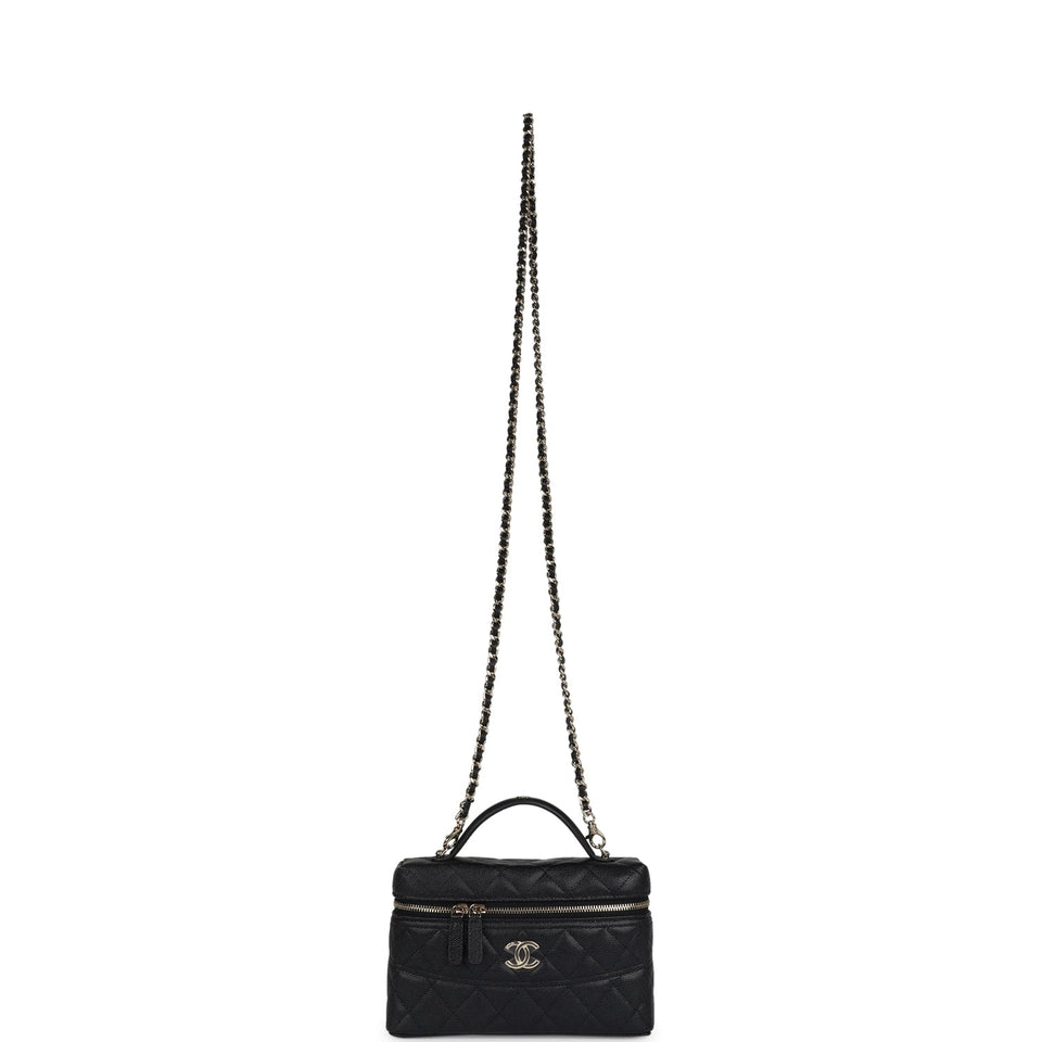 Chanel CC Top Handle Long Vanity Case With Chain Black Caviar Light Gold Hardware