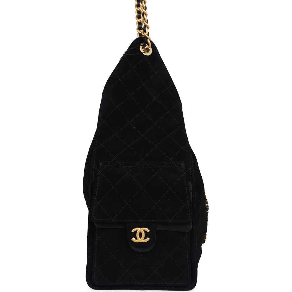 Chanel Large 25 Hobo Bag Black Suede Antique Gold Hardware