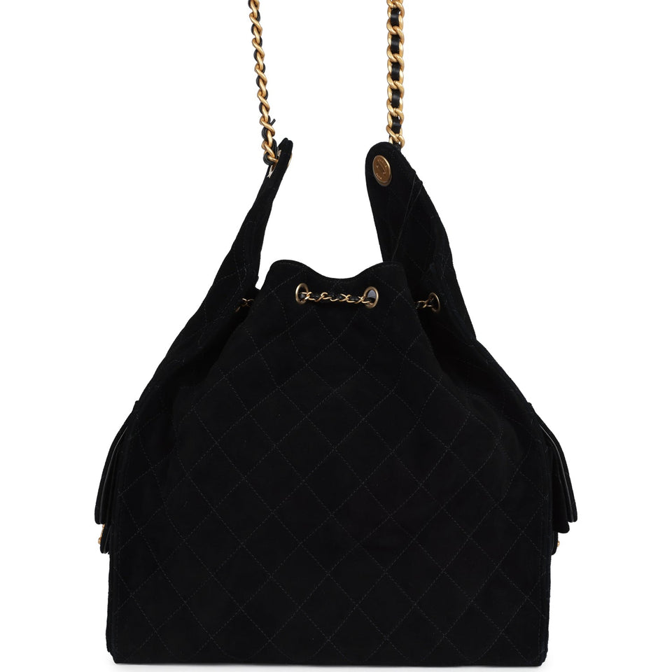 Chanel Large 25 Hobo Bag Black Suede Antique Gold Hardware
