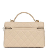 Chanel CC Top Handle Long Vanity Case With Chain Light Beige Shiny Caviar Brushed Gold Hardware