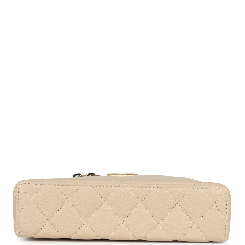 Chanel CC Top Handle Long Vanity Case With Chain Light Beige Shiny Caviar Brushed Gold Hardware