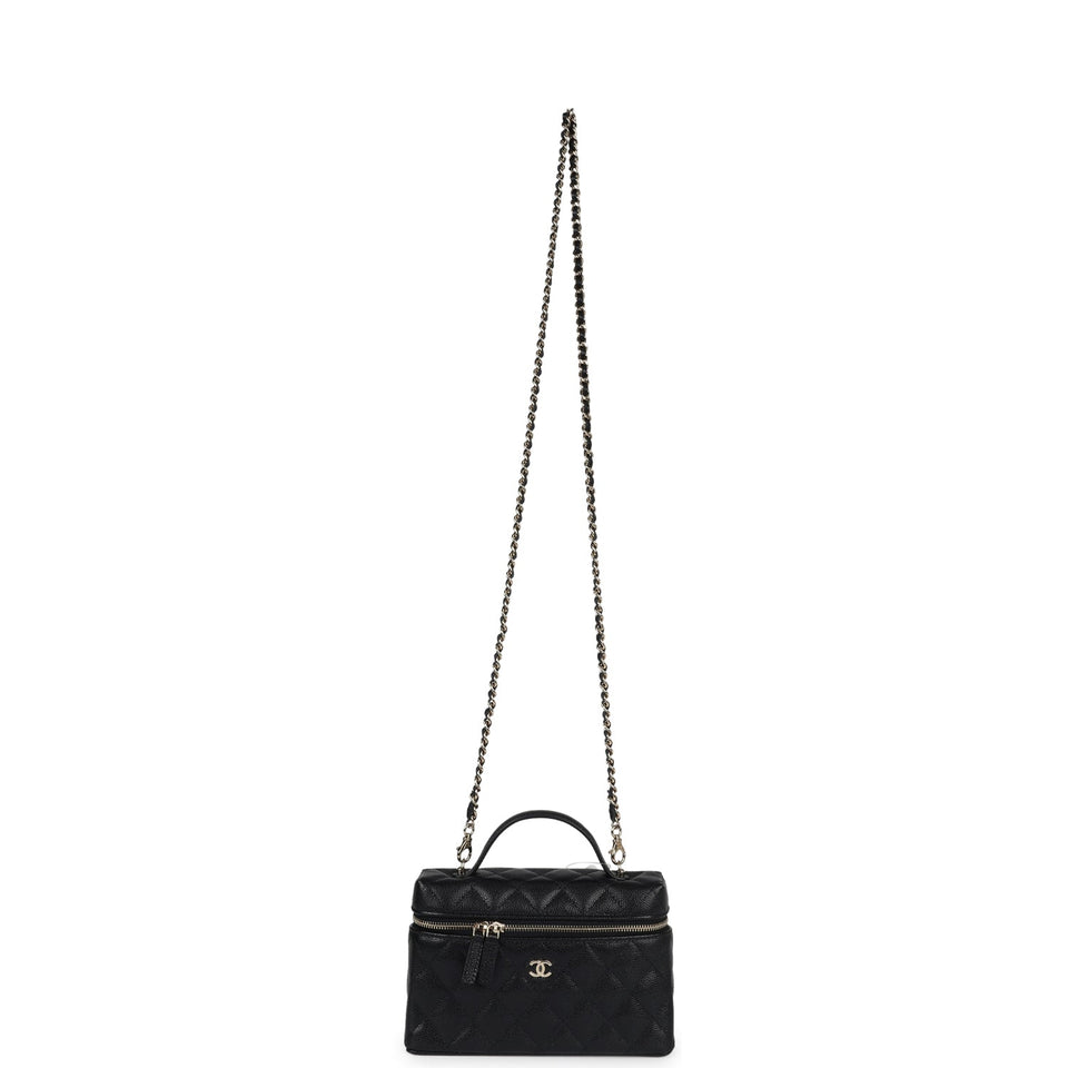 Chanel CC Top Handle Long Vanity Case With Chain Black Shiny Caviar Light Gold Hardware