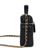 Chanel Top Handle Long Vanity Case With Chain Black Shiny Caviar Brushed Gold Hardware