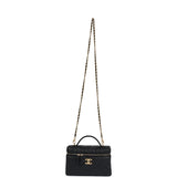 Chanel Top Handle Long Vanity Case With Chain Black Shiny Caviar Brushed Gold Hardware