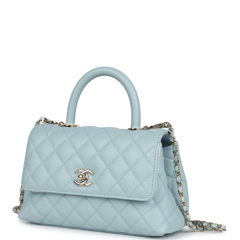 Chanel Small Coco Top Handle Flap Bag Light Blue Caviar Light Gold Hardware