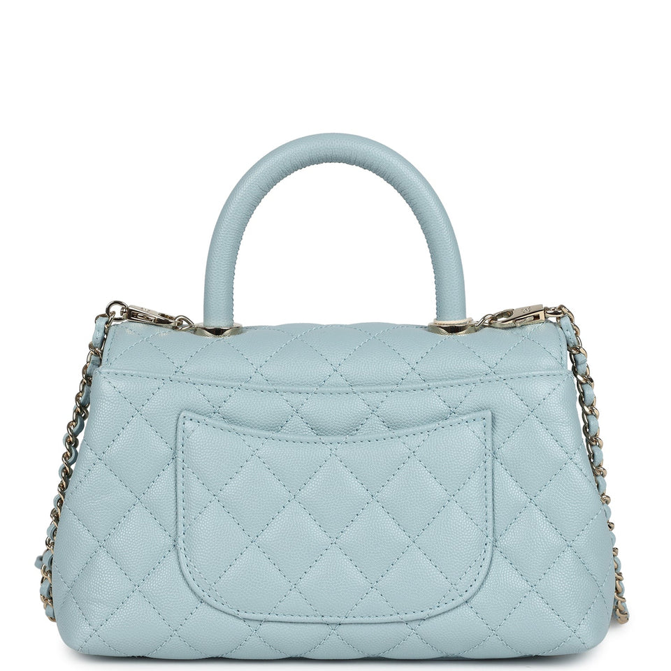 Chanel Small Coco Top Handle Flap Bag Light Blue Caviar Light Gold Hardware