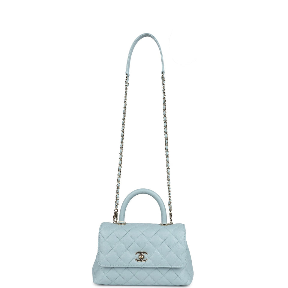 Chanel Small Coco Top Handle Flap Bag Light Blue Caviar Light Gold Hardware