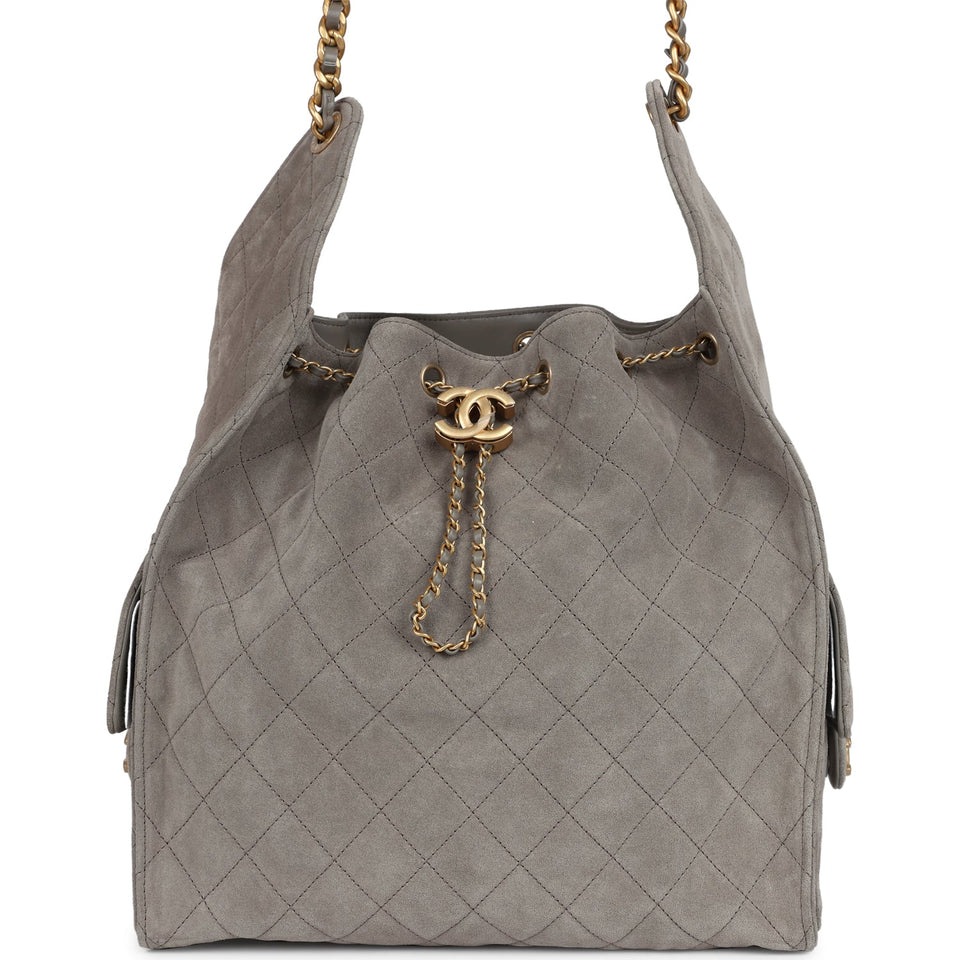 Chanel Medium 25 Hobo Bag Dark Grey Suede Antique Gold Hardware