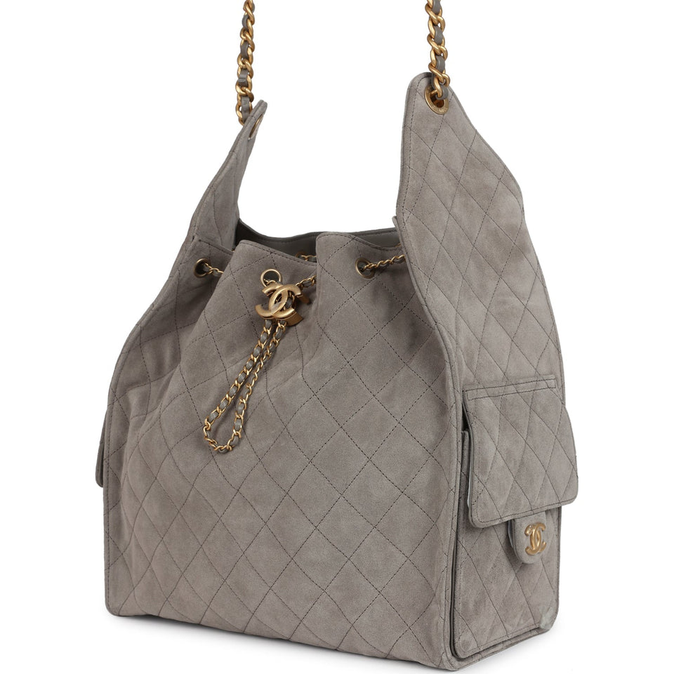Chanel Medium 25 Hobo Bag Dark Grey Suede Antique Gold Hardware