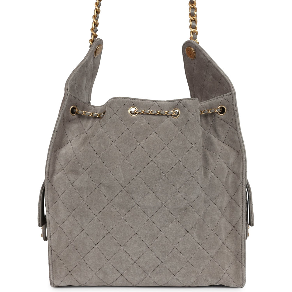 Chanel Medium 25 Hobo Bag Dark Grey Suede Antique Gold Hardware
