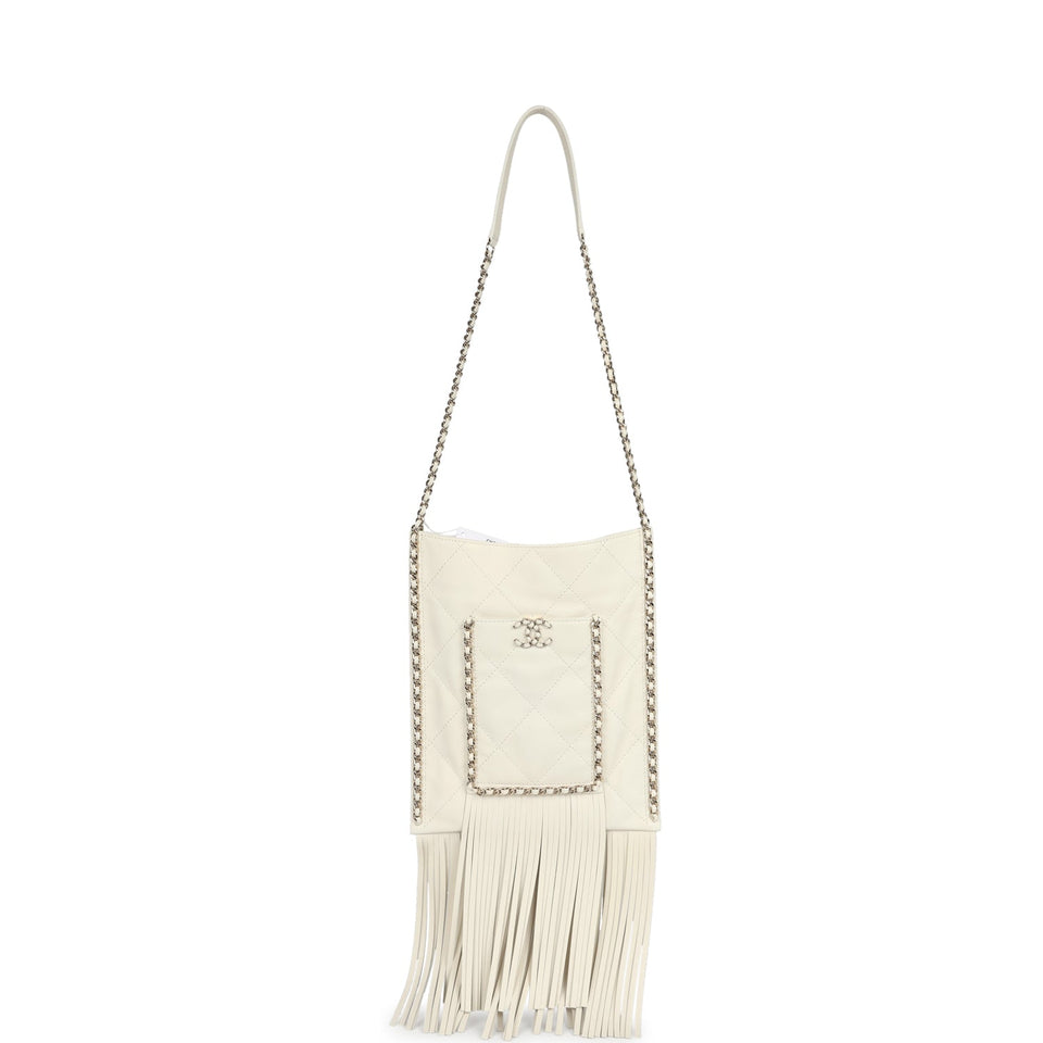 Chanel Small CC Fringe Shopping Bag White Calfskin Light Gold Hardware